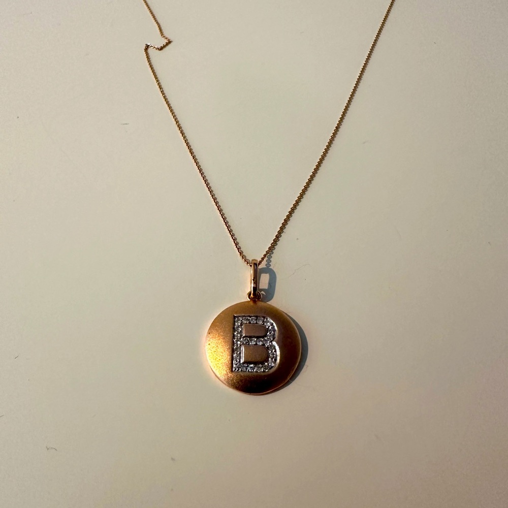 14k gold rhinestone “B” necklace